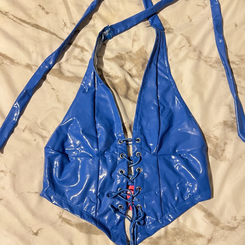 Blue faux leather halter top